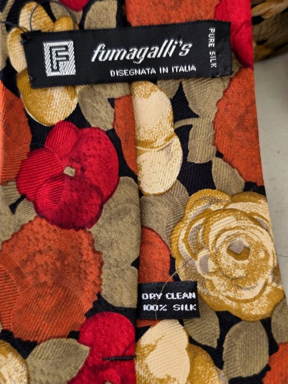 Fumagallis 90s Silk Tie Made Italy Floral Necktie Red Olive Rust Black 3.5 x 58